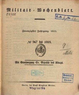 Militär-Wochenblatt : unabhängige Zeitschrift für die deutsche Wehrmacht. 20. 1835