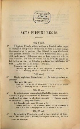 Acta regum et imperatorum Karolinorum digesta et enarrata, 2. Regesten der Urkunden der ersten Karolinger (751-840) : Urkundenregesten