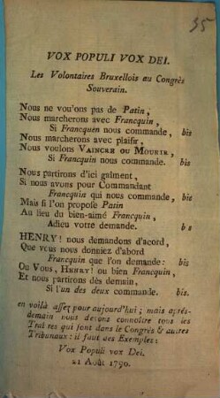 Vox Populi Vox Dei. Les Volontaires Bruxellois au Congrès Souverain : 21 Août 1790.