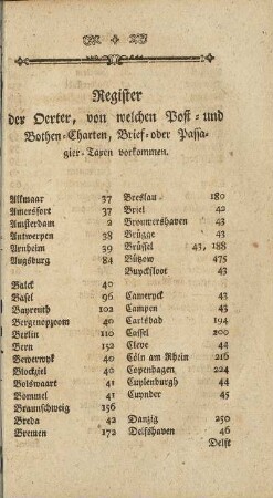 Register der Oerter, von welchen Post- und Bothen-Charten, Brief- oder Passagier-Texen vorkommen.