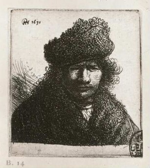 Selbstbildnis mit seitlich aufsteigender Pelzmütze : Rembrandt . Selbstbildnis mit seitlich aufsteigender Pelzmütze. Radierung. 1631. Dresden: Kupferstich-Kabinett B 14, R II, v. Seidlitz 14, I