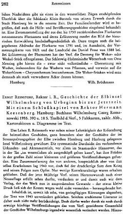 Reinstorf, Ernst :: Geschichte der Elbinsel Wilhelmsburg von Urbeginn bis zur Jetztzeit : Hamburg, Romanowski, 1955