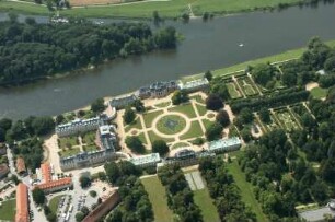 Dresden-Pillnitz. Stadtteilansicht mit Schloß Pillnitz, Elbe und Elbinsel. Luftbild-Schrägaufnahme von Ostnordost