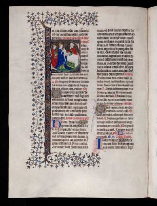 Historisierte Initiale zum Fest Mariä Reinigung: S(uscepimus), Darbringung Christi, Bordürenstab und Dornblattranke