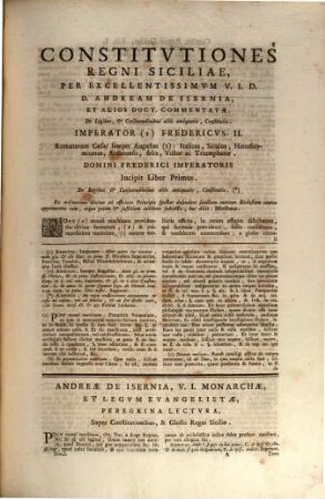 Constitutionum Regni Siciliarum Libri III : Cum Commentariss Veterum Jurisconsultorum ; Accedit Nunc Primum Dominici Alfeni Varii J. C. Commentarius Ad Friderici II. ... De Rebus non alienandis Ecclesiis, 1. Acc. D. Alfeni Varii Commentarius