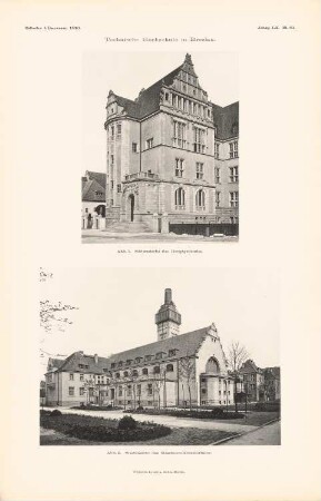 Technische Hochschule Breslau: Ansicht von Südwesten Hauptgebäude, Ansicht von Westen Maschinenlaboratorium (aus: Atlas zur Zeitschrift für Bauwesen, hrsg. v. Ministerium der öffentlichen Arbeiten, Jg. 60, 1910)