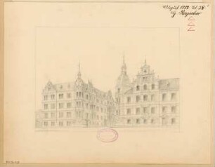 Wohnhausgruppe, Halle/Saale Monatskonkurrenz August 1882: Perspektivische Ansicht beider Ecken