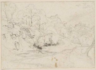 Südliche Waldlandschaft mit Felsen, Gewässer und Burg