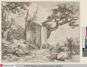[Hütte im Zentrum, ein Hirte vorne links, zwei Kühe und zwei Ziegen vorne rechts, Merkur im Himmel; A shed with Mercury and argus]