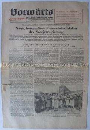 Wochenzeitung "Vorwärts" als Montags-Ausgabe des "ND" zu Verhandlungen zwischen den Regierungen der UdSSR und der DDR in Moskau