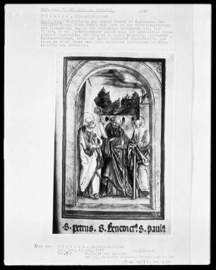 Psalterium — Der heilige Benedikt flankiert von Petrus und Paulus, Folio 8recto