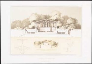 Stibadium, Glienicke: Grundriss, Ansicht, Details (aus: Architektonisches Album, Bd. 1, H.9, hrsg.v. Stüler, Knoblauch, Salzenberg, Strack, 1842)
