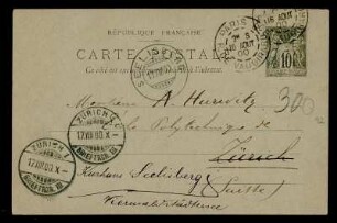 Nr. 3: Postkarte von Vito Volterra an Adolf Hurwitz, Paris, 15.8.1900