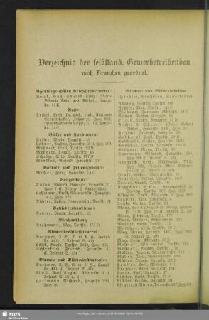 Berufsklassen und Gewerbebetriebe : Verzeichnis der selbständ. Gewerbetreibenden nach Branchen geordnet