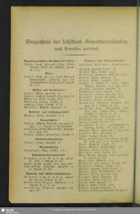 Berufsklassen und Gewerbebetriebe : Verzeichnis der selbständ. Gewerbetreibenden nach Branchen geordnet