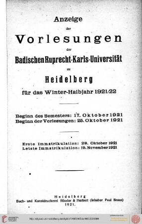 Wintersemester 1921/1922