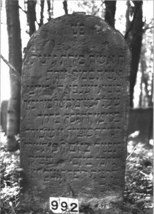 Grabstein 992 (Index: 99899551) Material: Sandstein Zustand: angewittert Maße HxBxT: 112x61x9 cm Beschreibung: Stele mit Rundbogenabschluss: Grabstein 992