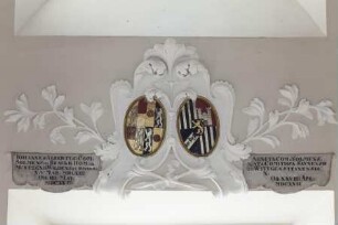 Wappenpaare in Kartuschen — Wappen des Grafen Johann Albrecht I. zu Solms-Braunfels (1563-1623) und seiner Ehefrau Agnes zu Sayn-Wittgenstein (1569-1617)