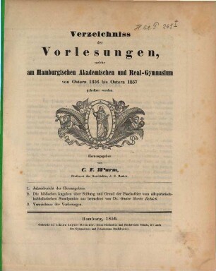 Verzeichniss der Vorlesungen : welche am Hamburgischen Akademischen und Real-Gymnasium von Ostern ... bis Ostern ... gehalten werden sollen. 1856/57