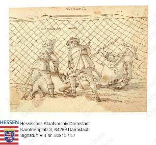 Jagd, Niddaer Sauhatz / Bild 57: Landgraf Georg II. v. Hessen-Darmstadt (1605-1661) vor Netz ein Wildschwein abfangend, unterstützt durch den Bereiter [Johann Schott zu Butzbach], zu Fall gekommen: Landgraf Philipp v. Hessen-Butzbach (1581-1643)