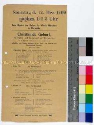 Programmzettel für das Benefizkonzert zu Gunsten des Heimes für blinde Mädchen in Chemnitz; Chemnitz, 12. Dez. 1909