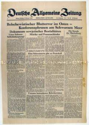 Tageszeitung "Deutsche Allgemeine Zeitung" mit Hetzpropaganda gegen das Vorgehen der Roten Armee