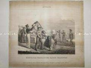 Uniformdarstellung, Dragoner des Garde-Dragonerregiments und Hufschmiede im Feldlager, Preußen, 1827.
