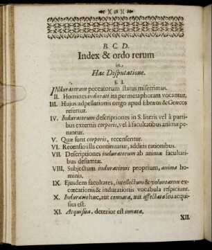 Index & ordo rerum in Hac Disputatione.
