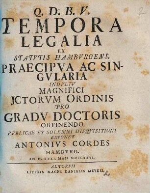 Tempora legalia ex statutis Hamburgens. praecipua ac singularia