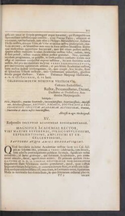 XV. Responsio Inclutae Academiae Regiomontanae