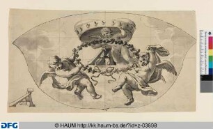Entwurf für ein wappenschildförmiges Feld eines Deckengemäldes: Drei Putten präsentieren von einem Kranz umgebenes und von einem Fürstenhut bekröntes Monogramm 'IA'