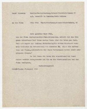 Brief von Raoul Hausmann an Firma Otto Kühl. Jershöft