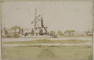 Ansicht eines Dorfes mit Windmühle