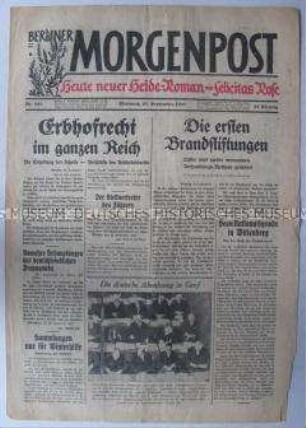 Tageszeitung "Berliner Morgenpost" u.a. zum Reichstagsbrandprozess und zum Beschluss des "Erbhofrechts"