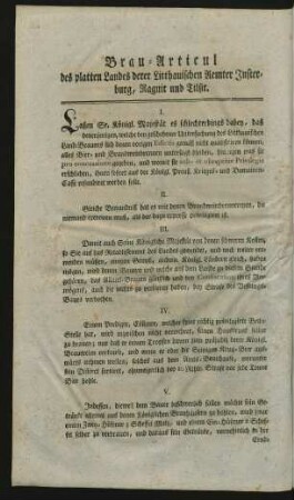 Brau-Artieul des platten Landes derer Litthauischen Aemter Insterburg, Ragnit und Tilsit