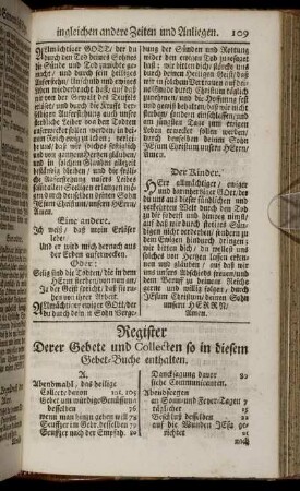 Register Derer Gebete und Collecten so in diesem Gebet-Buche enthalten.