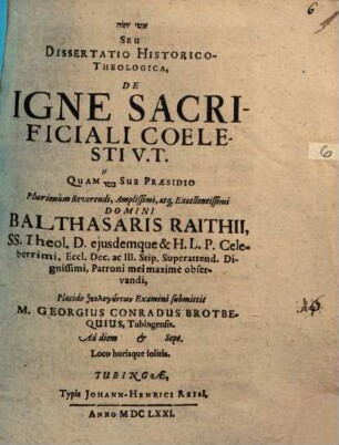 Iššê YHWH Seu Dissertatio historico-theologica de igne sacrificiali coelesti V. T.