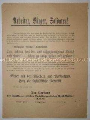 Aufruf der SPD-Bezirksorganisation Berlin zur Bildung einer republikanischen Schutzwehr gegen die Spartakus-Revolutionäre