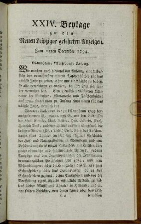 XXIV. Beylage zu den Neuen Leipziger gelehrten Anzeigen. Zum 15ten December 1794.