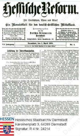 Bevölkerungsgruppen, Juden / Antisemitismus, Titelblatt aus dem VII. Jahrgang der von 1894 bis 1903 in Darmstadt publizierten antisemitischen Hetzzeitung 'Deutsche Reform' vom 1. April 1900 mit der Forderung der Aufhebung der Juden-Emanzipation