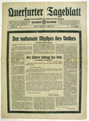 Regionale Tageszeitung "Querfurter Tageblatt" zum Tod von Hindenburg und zur Ansetzung einer Volksbefragung über die künftige Besetzung des Amtes