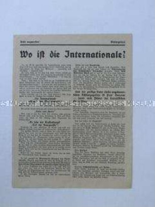 Propagandaflugblatt der Deutschen Erneuerungsgemeinde mit Polemik gegen die nationalistische Politik der sozialistischen Regierungen in Frankreich, Großbritannien und der Sowjetunion