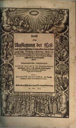 Postilla Oder Auslegung aller Sonn- Fest und Feyrtäglichen Evangelien, durch das gantze Jahr, Advent und Fasten : Darinnen werden uber jede Evangelia, außbündige, schöne und fürtreffliche Theologische Moralische, auch Politische Concept, discurs, und erklärungen, allerley Figuren, Gleichnussen und Exempel, begriffen, 3