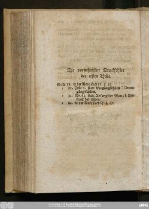 Die vornehmsten Druckfehler des ersten Theils.