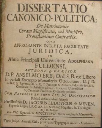 Dissertatio Canonico-Politica: De matrimoniis coram magistratu, vel ministro, protestantium contractis