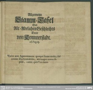 Allgemeine Stamm-Tafel Des Alt-Adelichen Geschlechts Derer von Kommerstadt