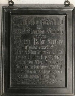 Rodewisch. Kreis Auerbach. Vogtland. Museum Göltzsch. Grabtafel für Peter Ficker, Besitzer des Messingwerkes Niederauerbach bei Rodewisch. Anfang 17. Jahrhundert