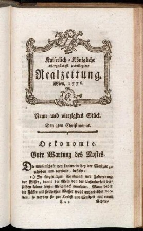 Neun und vierzigstes Stück. Den 3ten Christmonat. Wien, 1776.