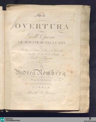 Overtura dell'opera Le rovine di Palluzzi : per 2 violini, 2 flauti, 2 oboi, 2 clarinetti, 2 fagotti, 2 corni, viola, basso, trombe, timpani e trombone : op. 37