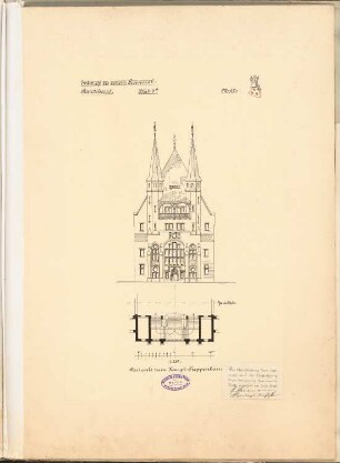 Provinzial-Ständehaus Schinkelwettbewerb 1897: Fassadendetail von W (Ansicht), Haupttreppenhaus (Grundriss) 1:200